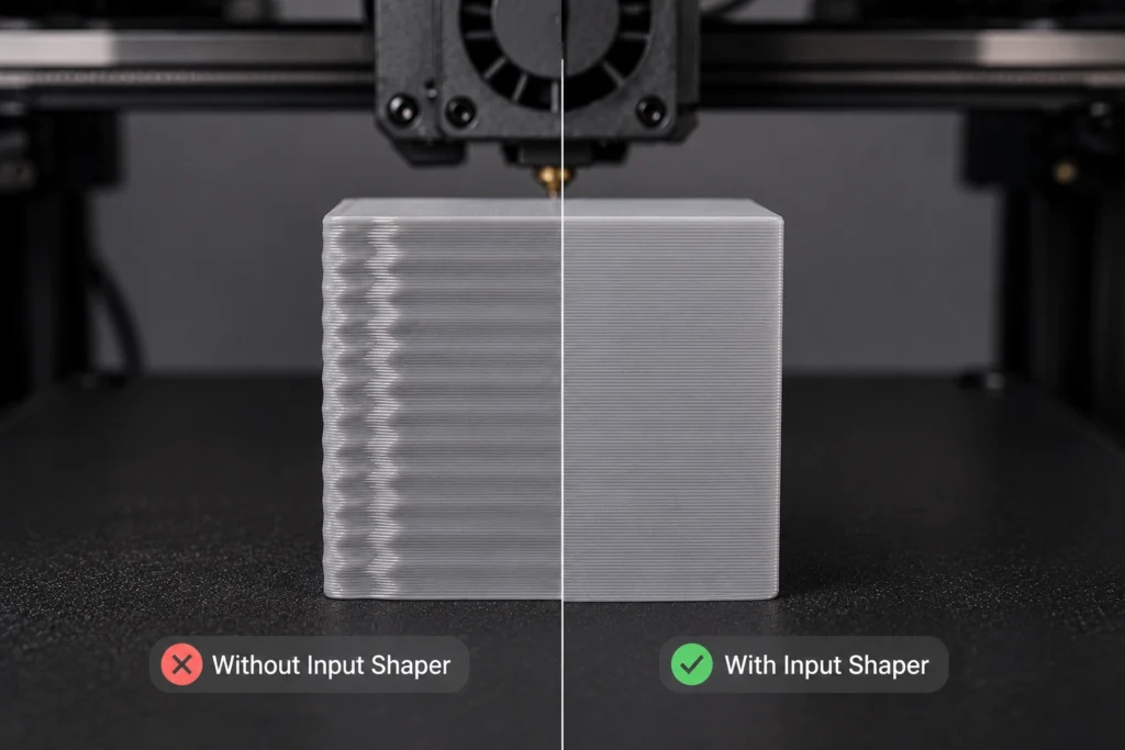 مقایسه اثر Input Shaper بر کاهش Ringing و نوسانات سطح قطعه چاپ‌شده.