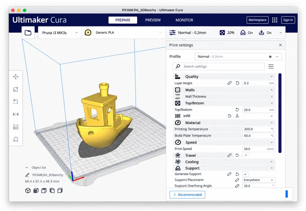 محیط نرم‌افزار UltiMaker Cura و بخش تنظیمات پروفایل پرینت سه‌بعدی.