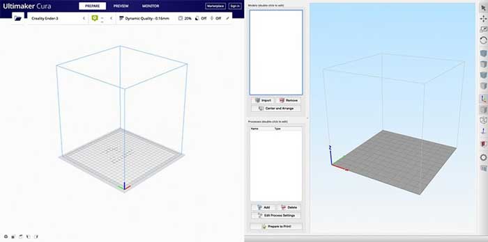 صفحه های اولیه برای Cura (چپ) و Simplify3D (راست)