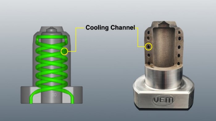 VEM Tooling، یک شرکت قالب‌گیری تزریقی مستقر در کالیفرنیا، این بوش‌ها را با کانال‌های خنک‌کننده داخلی پرینت سه بعدی می‌کند که با ساخت سنتی امکان ایجاد آن وجود ندارد.