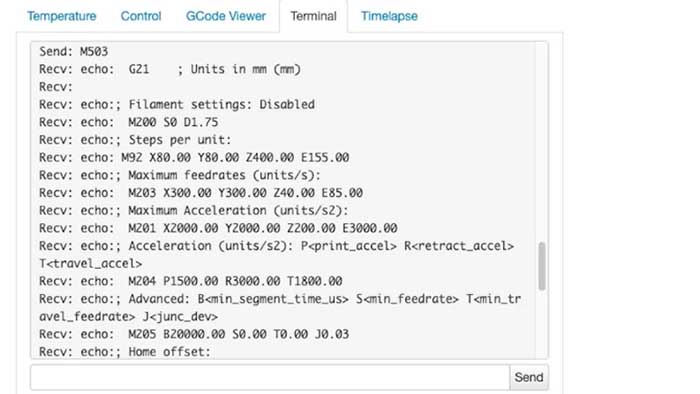 OctoPrint دارای یک پنجره ترمینال برای ارسال و دریافت مستقیم G-code است