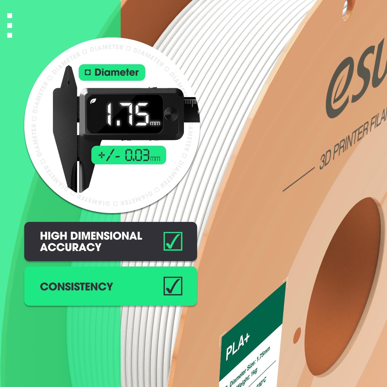 قطر دقیق 1.75 میلی‌متر با تلرانس 0.03± میلی‌متر